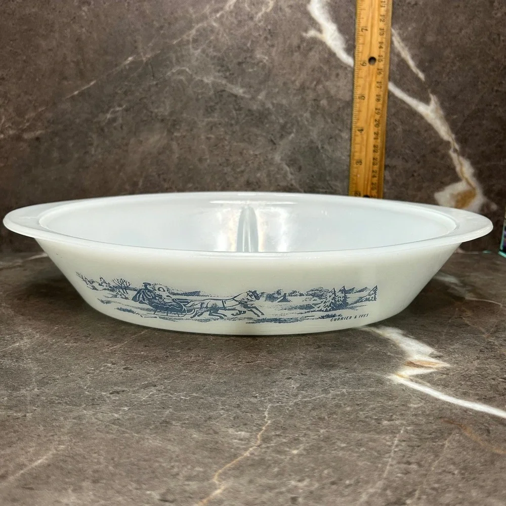 Glasbake Currier & Ives Blue Sleigh Milk Glass Divided Serving Dish Oval Cozy